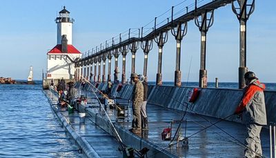Packing the Michigan City pier in Indiana to try for skamania steelhead