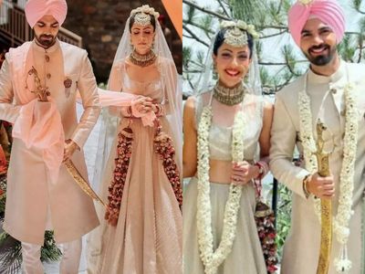 Karan V Grover and Poppy Jabbal make for a perfect colour-coordinated couple at their wedding