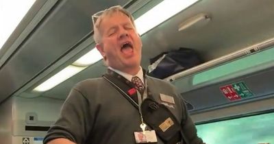 Moment singing train conductor makes bride-to-be's day on train to Liverpool