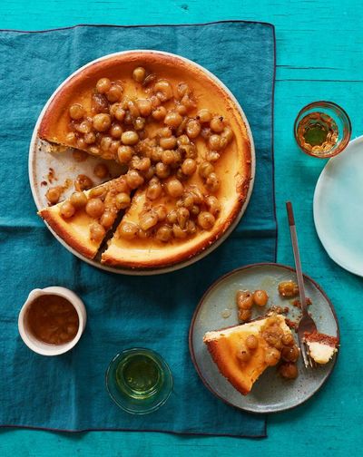 Thomasina Miers’ recipe for baked Mexican cheesecake with gooseberry and elderflower compote