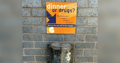 Fury over 'dinner or drugs' sign urging passers-by not to give money to Deansgate 'beggars'