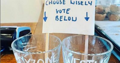 Nicky Byrne spots coffee shop tip jars that ask customers to vote for Westlife or Boyzone