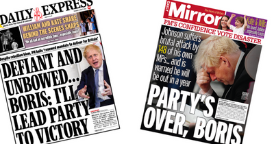 'Wounded' and 'clinging to power' - national newspapers' take on Boris Johnson vote