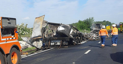 A1 closed overnight after lorry full of sugar catches fire