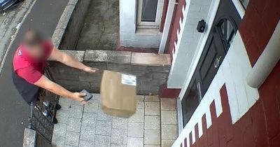 Shocking footage shows delivery driver throwing parcel and chucking delivery slip in the air without even knocking front door