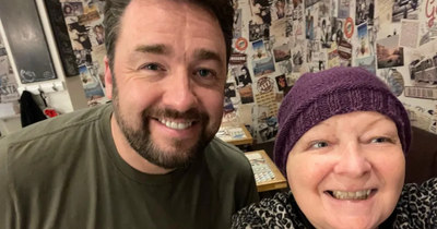 Janey Godley smiles on night out with pal Jason Manford at Glasgow eatery