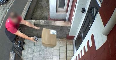 Footage shows careless delivery man launch parcel at front door without knocking