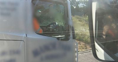 HGV driver cruises down motorway with both hands off steering wheel