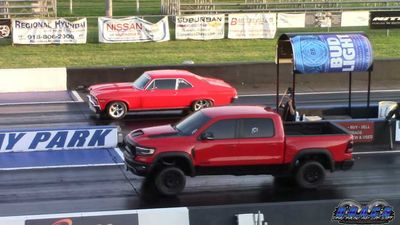 Ram TRX On Four Slicks Faces Classic Chevy Nova In Close Drag Race