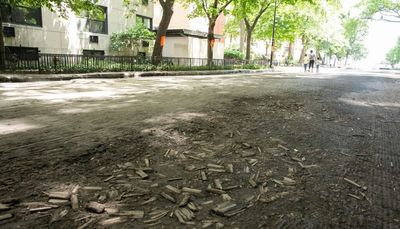 Street construction exposes wood paver blocks that formed city’s roadways more than a century ago