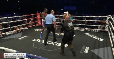 Furious boxing coach storms ring after the fighter was dropped with sickening body shot