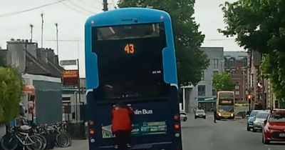 Viral video shows young man clinging onto back of Dublin Bus on busy street