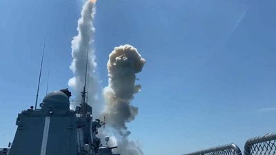 Russian Frigate Launches Missiles At Enemy Targets