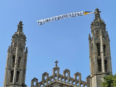 Ukraine banner attached to chapel at University of Cambridge’s King’s College