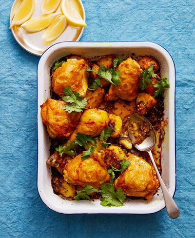 Thomasina Miers’ recipe for spiced turmeric chicken bake with golden potatoes