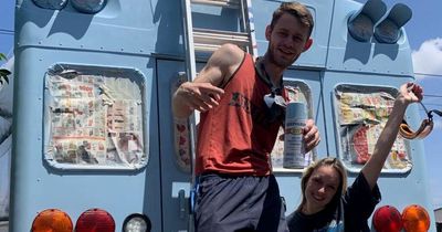 Young British couple who struggled to find work during Covid now live off-grid in a US school bus