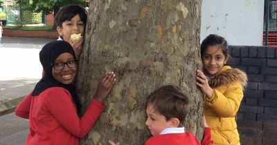 Nottingham school children hugging trees and reconnecting with nature