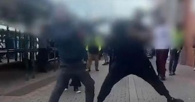 Moment fist fight breaks out as men trade blows in front of shocked market shoppers