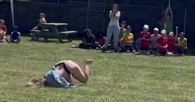 Face planting mum who mooned school sports day goes viral with hundreds of messages from men