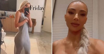 Kim Kardashian shows off slimmed down curves in slinky grey gown after 21lbs weight loss