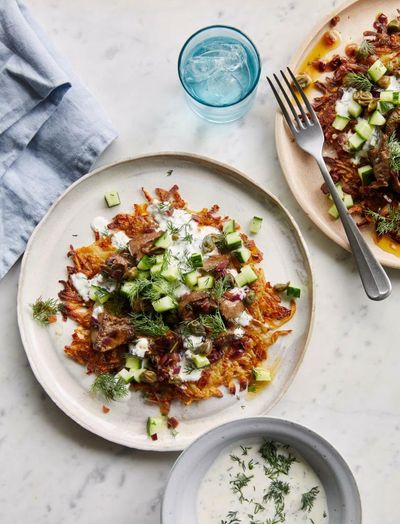 Tamal Ray’s recipe for grated potato pancake with chicken livers and yoghurt dip