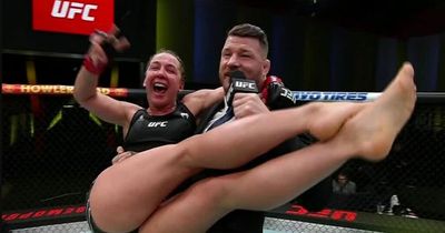 Stripper-turned-UFC contender recreates famous celebration with legend after latest win