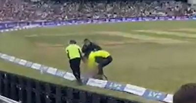 Moment Leeds fully naked streaker tumbles onto security guard at England Headingley test match