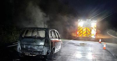 Car fire on the A465 leaves just a smoking, burnt-out wreck