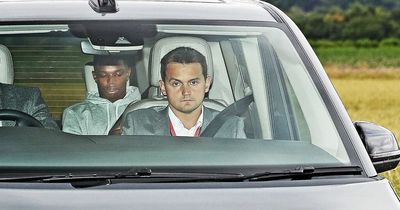 Tyrell Malacia pictured arriving at Man Utd training ground to complete transfer