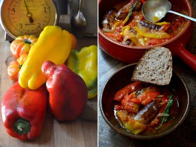 Rachel Roddy’s recipe for peperonata with sausages