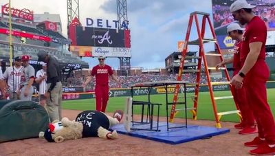 The Braves’ mascot tried to jump through two tables and things did not go well at all