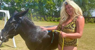 Gemma Collins looks slimmer than ever posing with a donkey in a Versace swimsuit