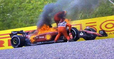 Carlos Sainz's car bursts into flames as Ferrari driver frantically escapes inferno