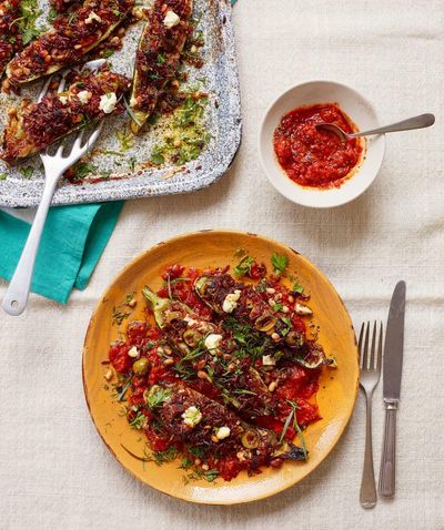 Thomasina Miers’ recipe for courgettes stuffed with red rice, olives and feta