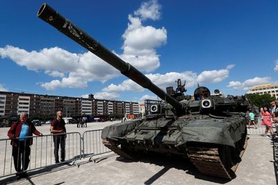 Russian military equipment captured by Ukrainian armed forces on display in Prague