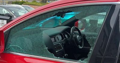 Gang of yobs smash car windows and fill them with foam at Scots garage