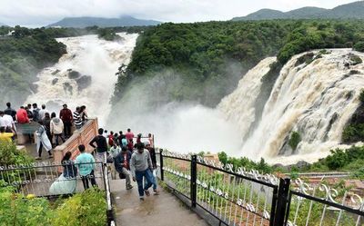Tourists throng Gaganachukki waterfalls at Shivanasamudra