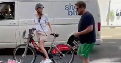 Moment James Corden gets knocked off his Boris bike after clash with another cyclist