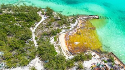 Fuel spills in The Bahamas near white sand beaches of Great Exuma