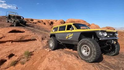 Off-Roading Corvair Wagon Tows Broken Hummer H1 Through Rocky Desert