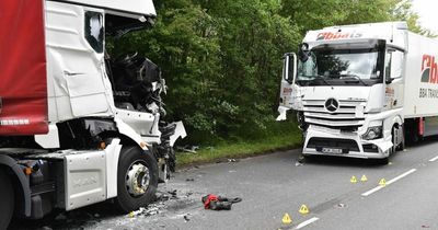 Horrifying moment lorries crash head-on after driver travels on wrong side of road