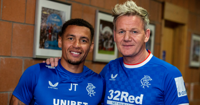 Gordon Ramsay poses for snap in Rangers shirt with manager and players