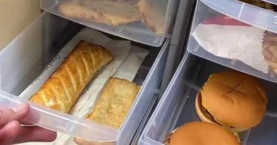 Daughter shows off mum's huge cupboard filled with two-year-old McDonald's and pizzas