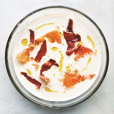 Cold almond, melon and pastis soup (with bits of crispy ham) recipe by Alex Jackson