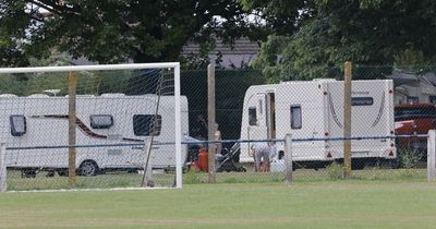 Car tears up public playing fields next to traveller encampment
