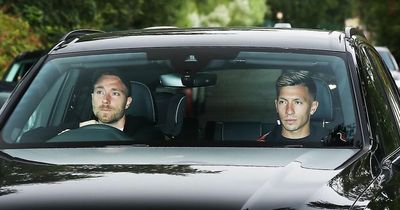 Christian Eriksen and Lisandro Martinez arrive together for first Man Utd training session