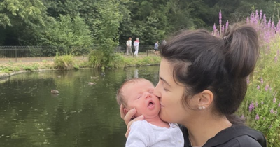 Glasgow TV host Storm Huntley poses with adorable baby Otis in the park