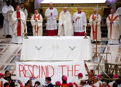 Protest over 15th-century land grab doctrine interrupts papal Mass in Canada