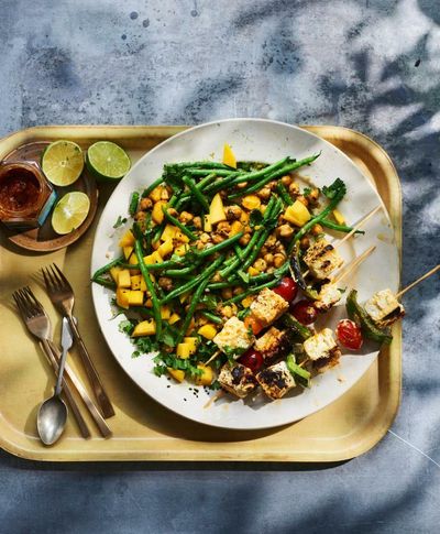 Thomasina Miers’ recipe for lime pickle paneer kebabs with green bean, chickpea and mango salad