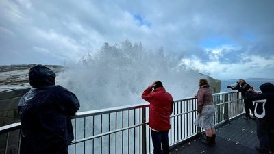 Monster swell lashes WA's south coast as sightseers brace wet weather for a glimpse